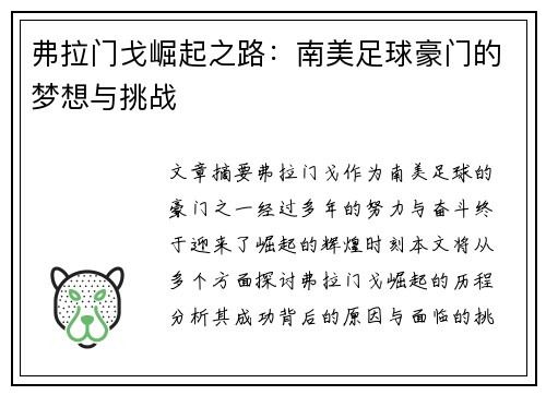 弗拉门戈崛起之路：南美足球豪门的梦想与挑战